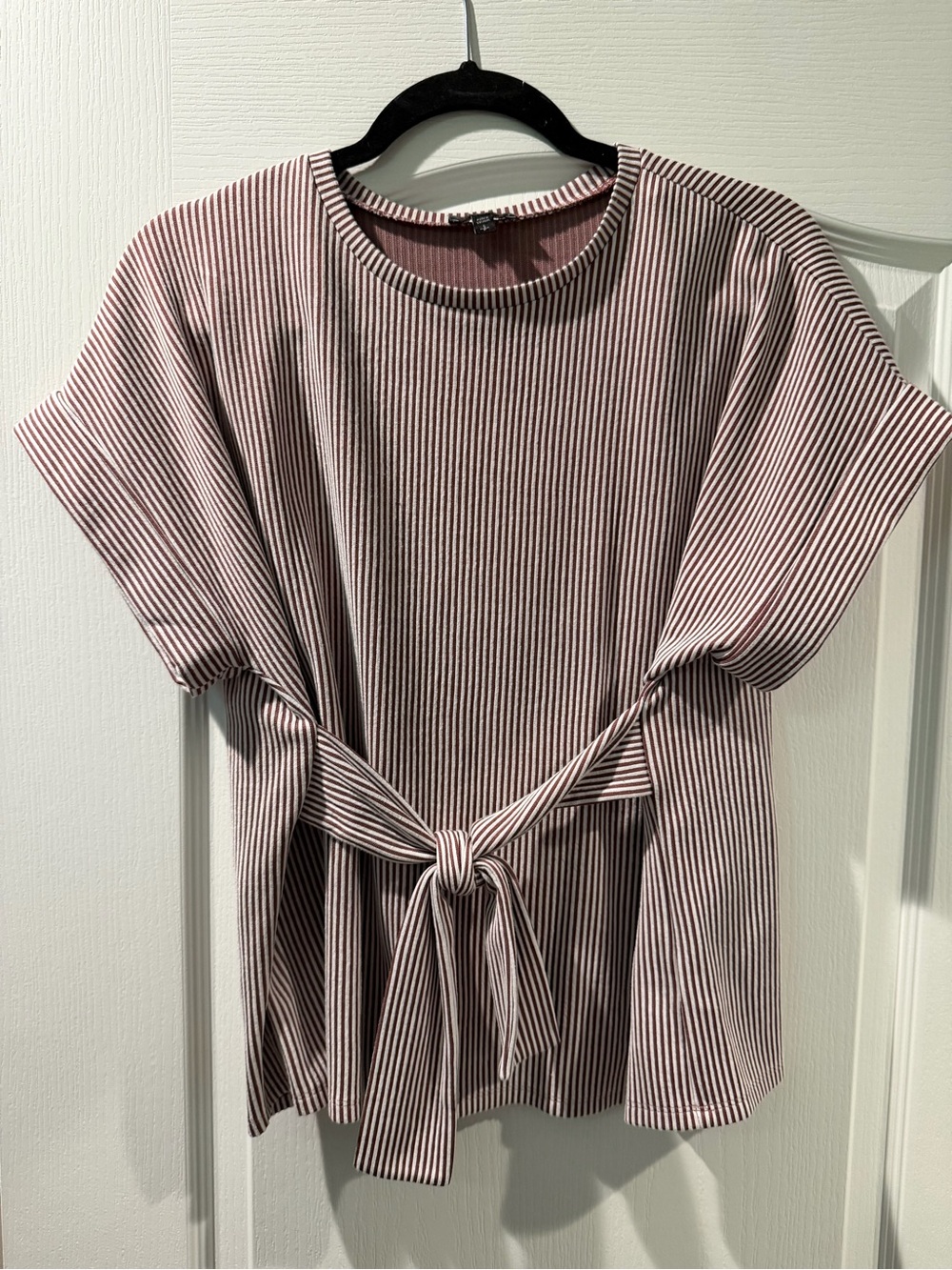 Express Pink and White Striped Tie-Waist Short Sleeve Top